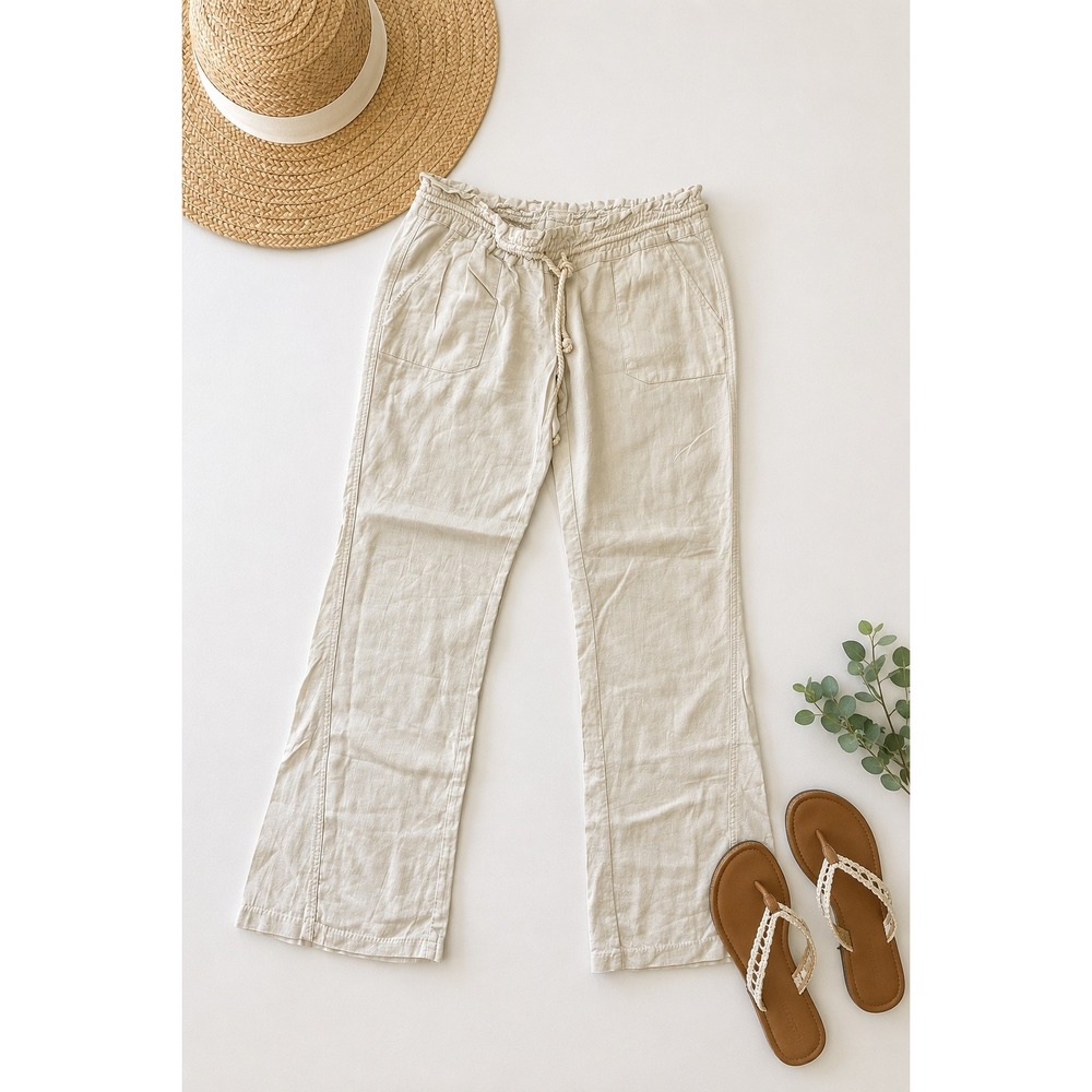 Roxy Linen Blend Wide Leg Drawstring Beach Pants‎ Tan Flowy XL Coastal Boho Y2K